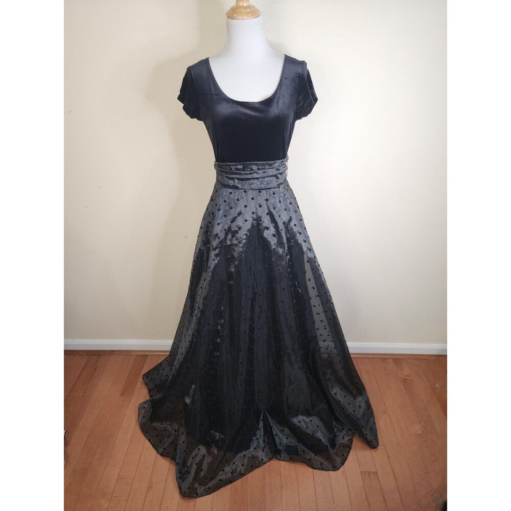 Vintage Velvet Organza Belted 5/6 Short Sleeve Polka Dot Whimsical Fairy Dress